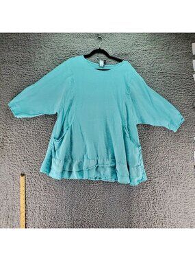 La Fixsun Top Womens Small Turquoise Blue 3/4 Sleeve Linen Tunic Blouse